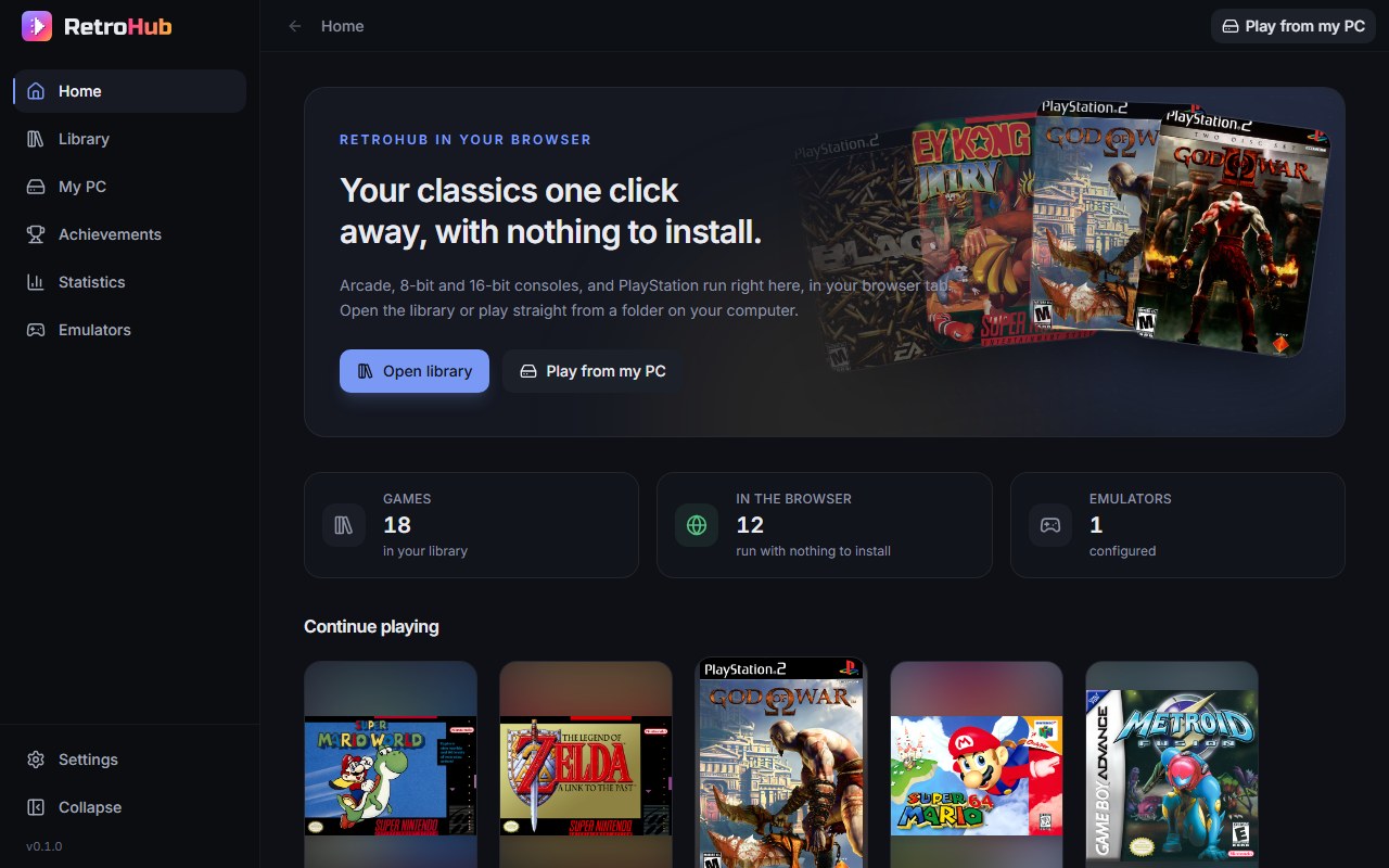 The RetroHub home screen with a fan of game covers, collection totals and a Continue playing shelf
