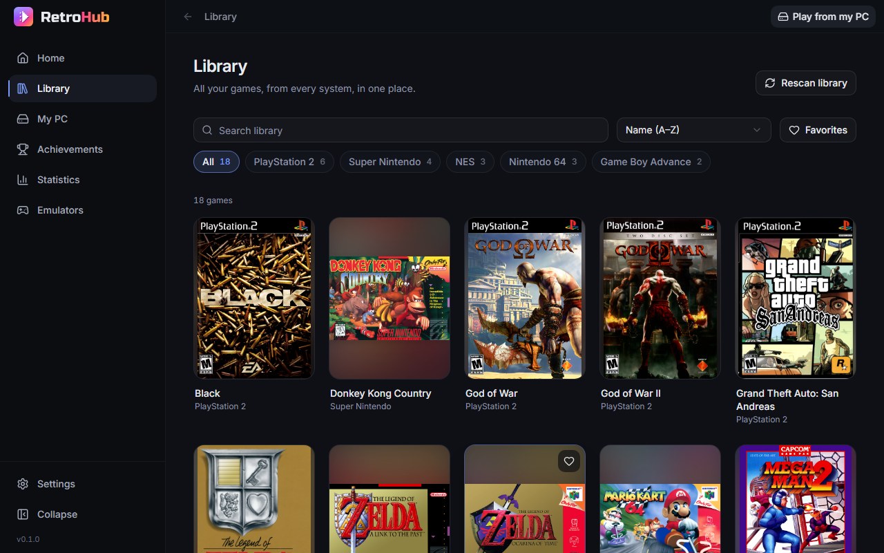 The RetroHub library: box art for PlayStation 2, Super Nintendo, NES, Nintendo 64 and Game Boy Advance games, with a search box and one filter chip per console